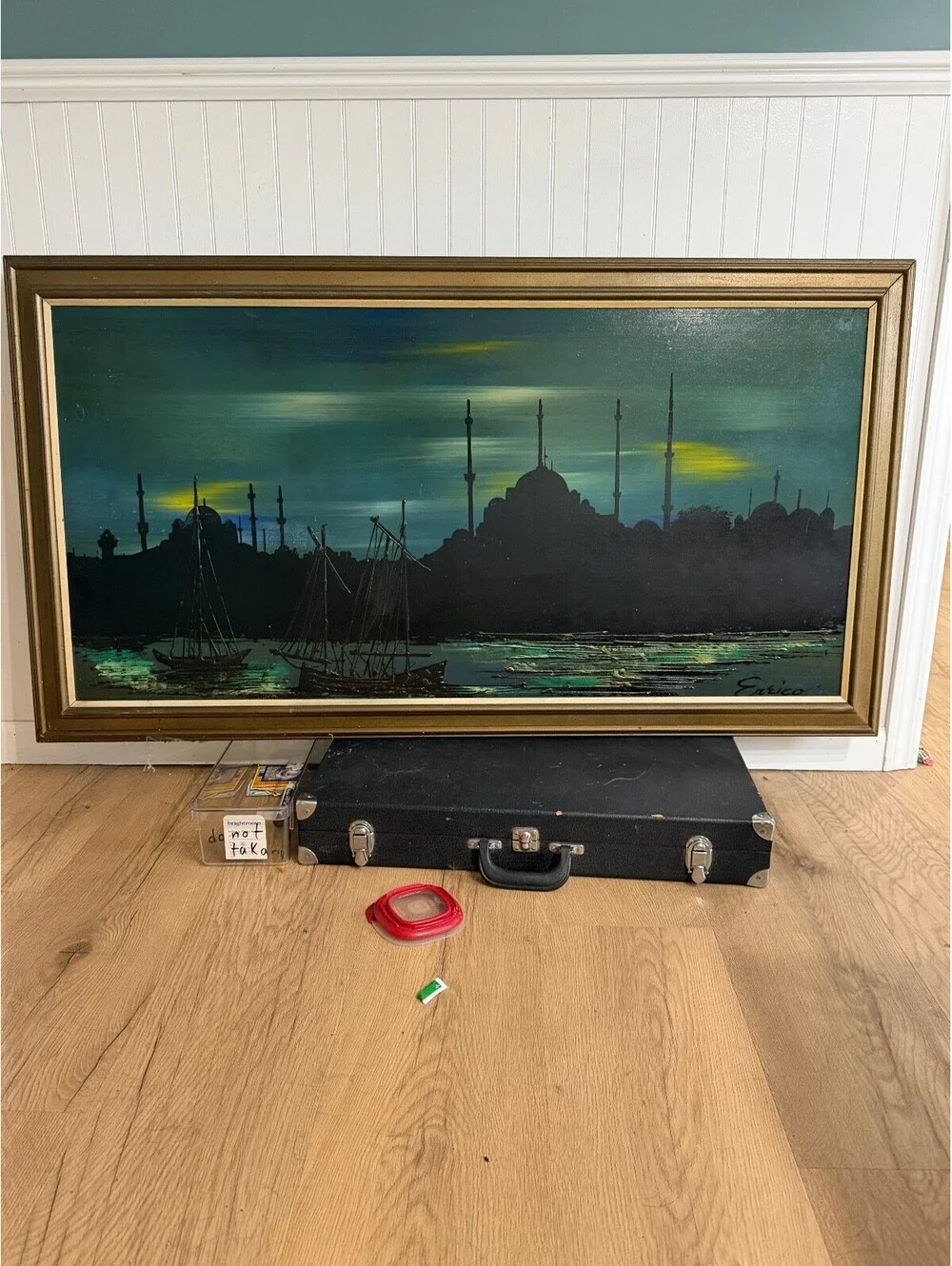MCM Framed Signed Painting of City Skyline at Dusk  52” x 28.5”